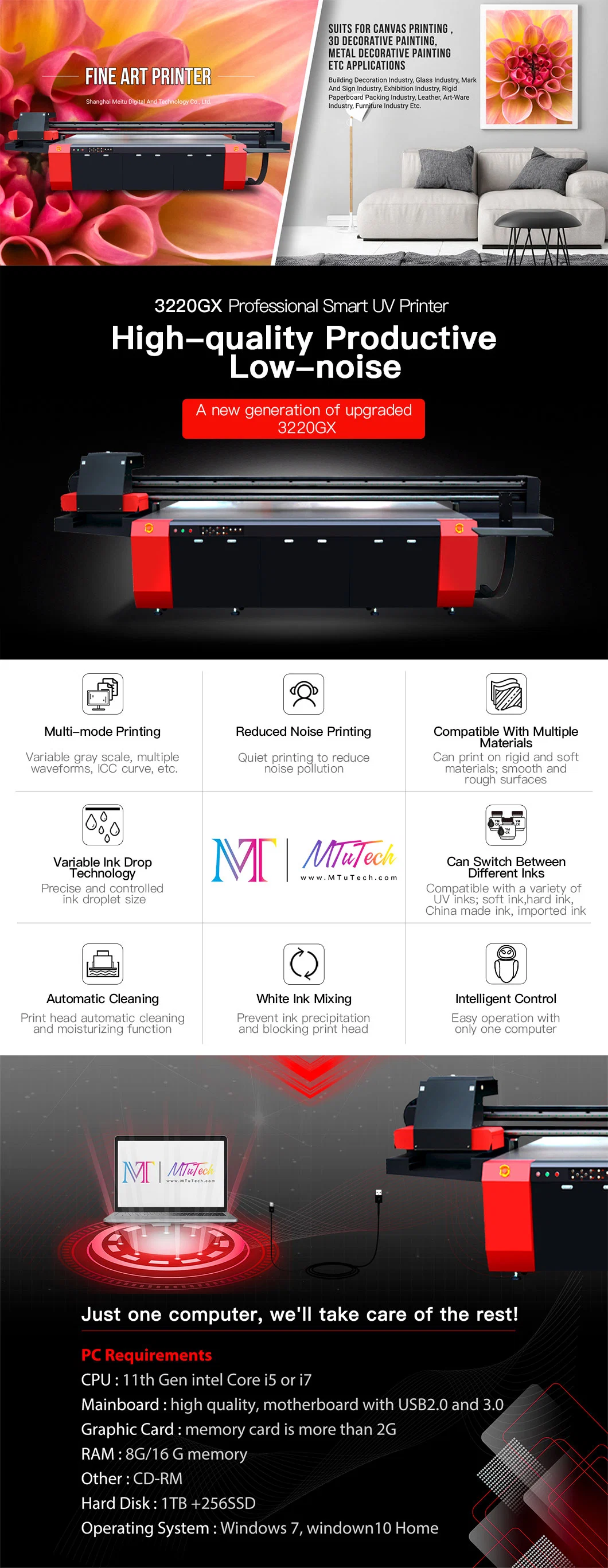 Mt Mtutech Digital Large Format Glass Wood Ceramic Acrylic UV LED Flatbed Printer Price 2513 3220